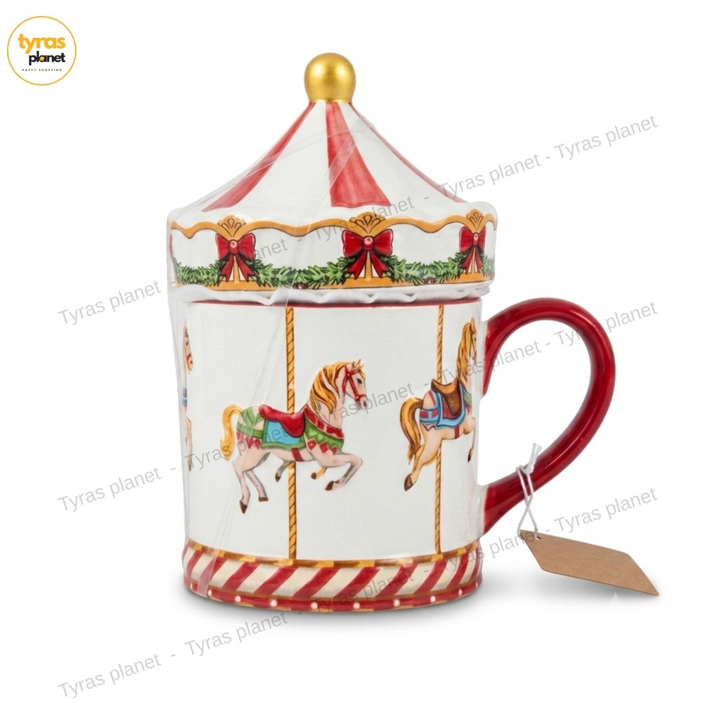 Christmas Carousel Lidded Mug 16oz Holiday Horse Tent Top Home for Holidays cup